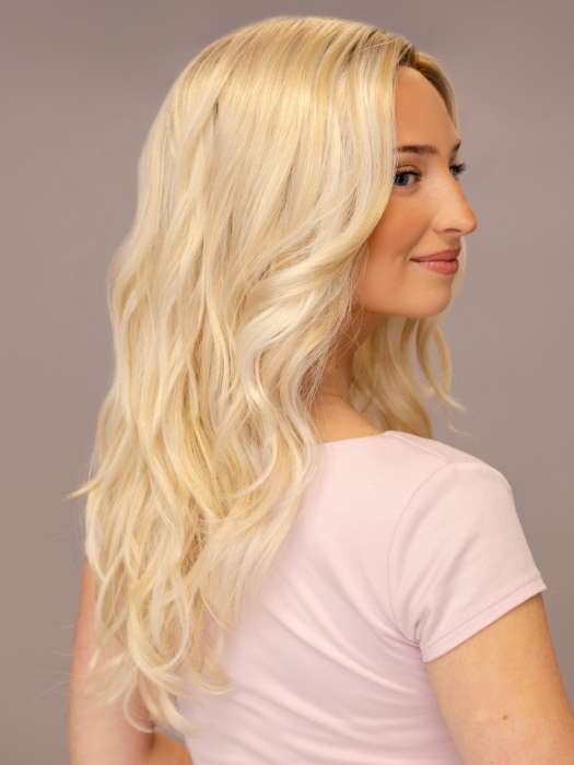 Model is wearing BLAZE by ESTETICA in shade SPF BLONDE | Golden Blonde, Pale Blonde, Iced Blonde Blended with Soft Brown Roots