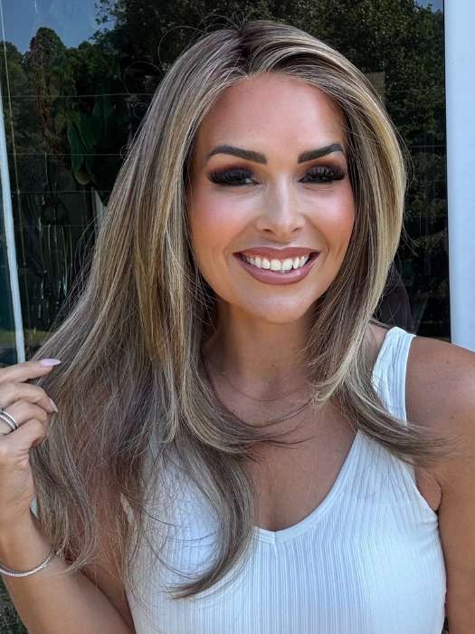 Crystal @crystallhoneycutt is wearing LAUREN by BELLETRESS in color SUNKISSED ALMOND R | A blend of Medium and Light Brown with Light Gold Blonde Highlights and a hint of Cooler Blonde, rooted with Medium and Light Brown