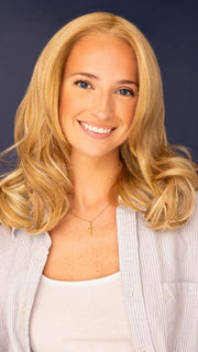 Model is wearing KIRBY by RENE OF PARIS in color CREAMY-TOFFEE | Light Platinum Blonde and Light Honey Blonde Evenly Blended