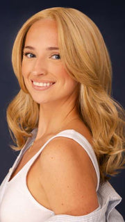 Model is wearing KIRBY by RENE OF PARIS in color CREAMY-TOFFEE | Light Platinum Blonde and Light Honey Blonde Evenly Blended