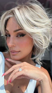 Model is wearing MAIN CHARACTER by RAQUEL WELCH in color RL17/23SS ICED LATTE MACCHIATO | Honey Blonde shaded with Cool Blonde and Dark Roots