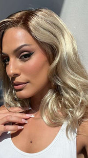 AMANDA by ENVY in color CHAMPAGNE SHADOW | Soft Dark Blonde with Platinum Highlights and Chestnut Roots