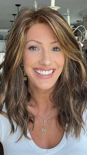 Jenna Fail @jenna_fail wearing HEIDI by JON RENAU in color 6F27 CARAMEL RIBBON | Brown with Light Red-Gold Blonde Highlights & Tips