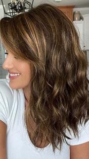 Jenna Fail @jenna_fail wearing HEIDI by JON RENAU in color 6F27 CARAMEL RIBBON | Brown with Light Red-Gold Blonde Highlights & Tips