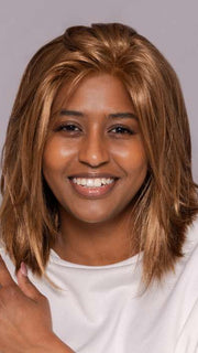 Model is wearing SHAI by ESTETICA in color R30/28/26 | Medium Auburn/Light Auburn/Golden Blonde Blend