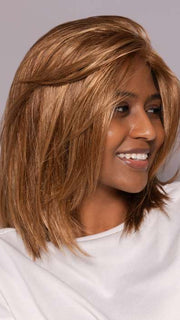 Model is wearing SHAI by ESTETICA in color R30/28/26 | Medium Auburn/Light Auburn/Golden Blonde Blend
