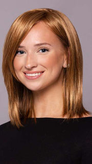 Model is wearing SHAI by ESTETICA in color R30/28/26 | Medium Auburn/Light Auburn/Golden Blonde Blend