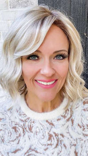 Marcie Mertz @wig.obsessed wearing AERI by ESTETICA in color SUNLIT-BLONDE | Soft Blend of Sandy Blonde, Lightest Blonde and Iced Blonde with a Light Golden Brown Root