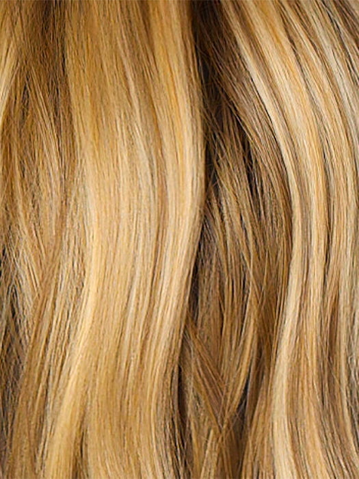 Bronzed Honey-R  | A perfect blend of rich, warm golden blond and medium chocolate brown tones, complemented by a dark chocolate root that adds a luxurious, dimensional effect. 