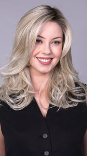 Model is wearing BROOKLYN in CRUSHED ALMOND BLONDE R | A soft Neutral Light Blonde with a Light and Medium Blended Root Color