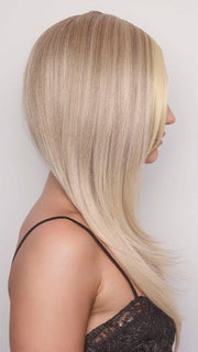 BRYONY by RENE OF PARIS in color BILLIONAIRE BLOND | A chic, sophisticated shade with a rich mocha root melting into beige, ash, and cream blond tones. Face-framing cream and white blond highlights add a refined, upscale finish.