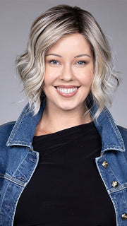 Model is wearing CLARE by BELLETRESS in color BUTTERBEER R | Dark Brown Base and Root that transitions smoothly into a buttery blonde, infused with creamy honey and toffee tones