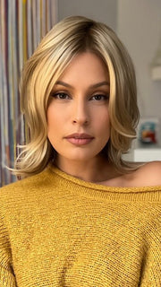 Roxie wearing CAMERON LITE by JON RENAU in 12FS8 SHADED PRALINE | Light Gold Brown, Light Natural Gold Blonde & Pale Natural Gold-Blonde Blend, Shaded with Medium Brown