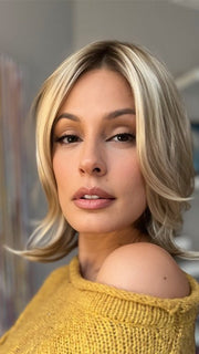 Roxie wearing CAMERON LITE by JON RENAU in 12FS8 SHADED PRALINE | Light Gold Brown, Light Natural Gold Blonde & Pale Natural Gold-Blonde Blend, Shaded with Medium Brown