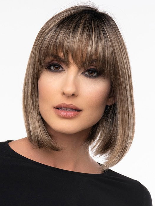 CARLEY by Envy in HONEY-BREEZE | A blend of Cool, Honey Blonde and Multi-Dimensional Medium Brown with Darker Brown Roots