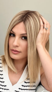 Roxie wearing COLBIE by JON RENAU in 24BT18S8 SHADED MOCHA | Medium Natural Ash Blonde & Light Natural Gold Blonde Blend, Shaded with Medium Brown
