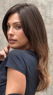 Roxie wearing COURTNEY by JON RENAU in S6-30A27RO AUTUMN | Brown roots to midlength, Medium Natural Red & Medium Red-Gold Blonde Blend midlength to ends