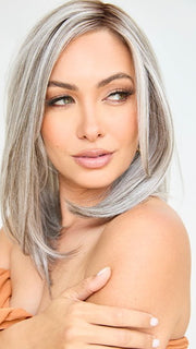 DAVINA by Rene of Paris in SLATE-CHOCOLATE-SPLIT | Grey base with Chunky Chocolate, Pale, Mid-Gray Highlights, and a Rich Chocolate Root