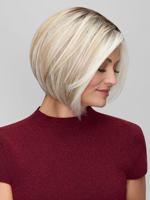 Model is wearing DAWN in CATALINA BLONDE 101/88/27S8 | Pale blonde with Pure White Natural Violet halo highlights, shaded medium brown