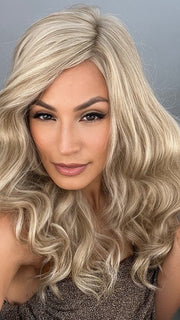 Roxie wearing DAY TO DATE by RAQUEL WELCH in RL19/23 BISCUIT | Light Ash Blonde Evenly Blended with Cool Platinum Blonde