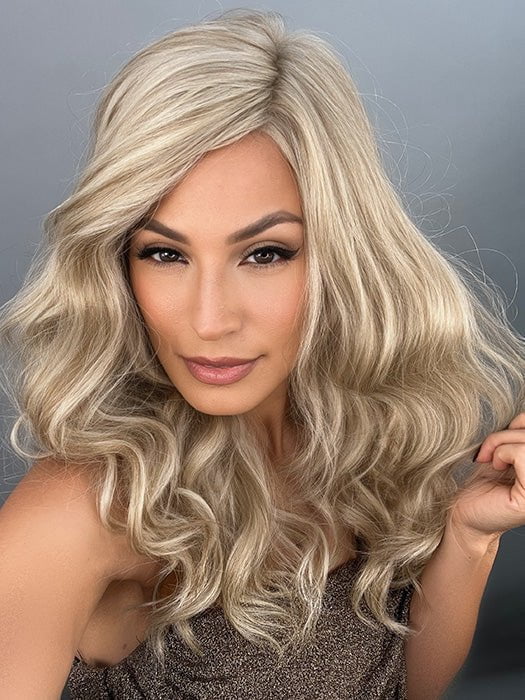 Roxie wearing DAY TO DATE by RAQUEL WELCH in RL19/23 BISCUIT | Light Ash Blonde Evenly Blended with Cool Platinum Blonde
