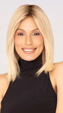 Roxie wearing NUANCE by ELLEN WILLE in color CHAMPAGNE ROOTED 22.16.26 | Light Neutral Blonde and Medium Blonde with Light Golden Blonde Blend and Shaded Roots