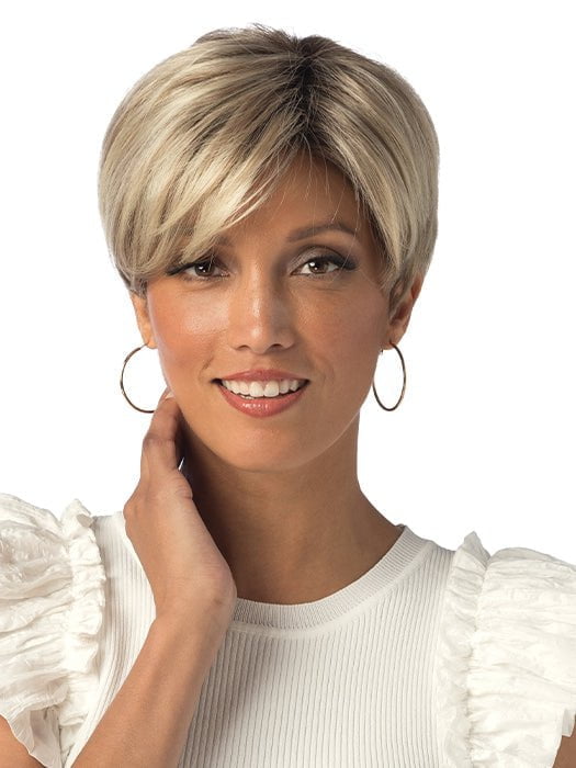 Model is wearing EMBER by ESTETICA in color RH1488RT8 | Highlighted Copper Blonde with Golden Brown Roots