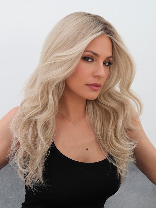 Roxie wearing READY FOR IT by GABOR in GF19-23SS BISCUIT | Light Ash Blonde Evenly Blended with Cool Platinum Blonde with Dark Roots