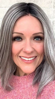 Marcie Mertz @wig.obsessed wearing FALLON by ESTETICA in color CHROMERT1B | Gray and White with 25% Medium Brown Blend and Off-Black Roots