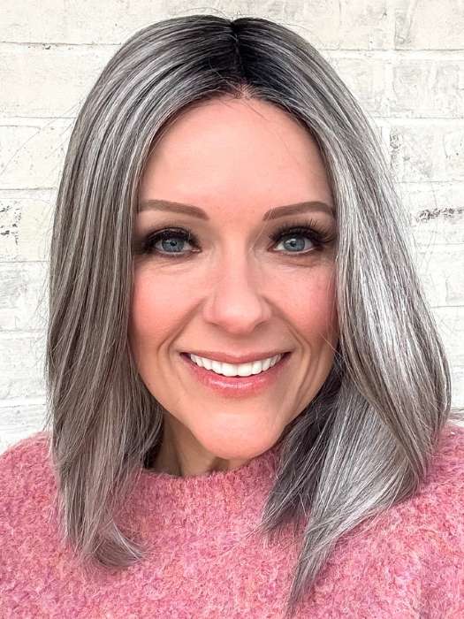 Marcie Mertz @wig.obsessed wearing FALLON by ESTETICA in color CHROMERT1B | Gray and White with 25% Medium Brown Blend and Off-Black Roots