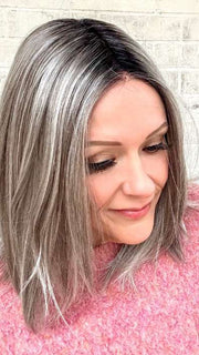 Marcie Mertz @wig.obsessed wearing FALLON by ESTETICA in color CHROMERT1B | Gray and White with 25% Medium Brown Blend and Off-Black Roots