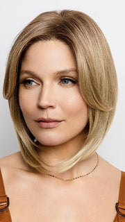 FINDLEY by Amore in MELTED-CARAMEL | Warm and Rich Brown Root Melting into Golden Caramel Blond and Natural Medium Blond Tips