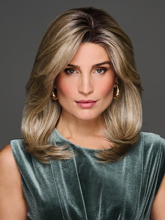 Model wearing FULL FINESSE in color GF17-23SS ICED LATTE MACCHIATO | Honey Blonde shaded with Cool Blonde with Dark Roots