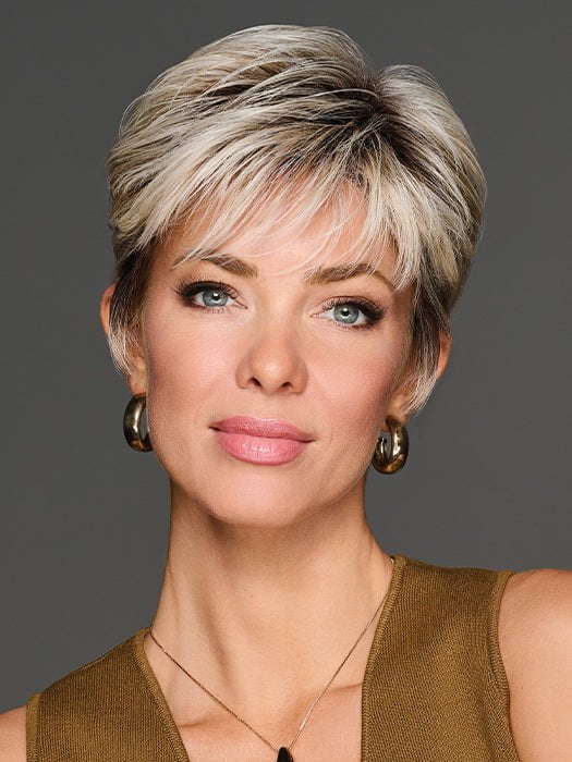 Model wearing JAW DROPPER in color GF19-23SS BISCUIT | Light Ash Blonde Evenly Blended with Cool Platinum Blonde with Dark Roots