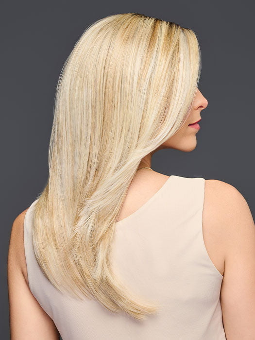Model is wearing MIRROR MOMENT by GABOR in color GF19-23SS BISCUIT | Light Ash Blonde Evenly Blended with Cool Platinum Blonde with Dark Roots