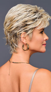 Model is wearing ON SET by GABOR in shade GF19-23SS BISCUIT | Light Ash Blonde Evenly Blended with Cool Platinum Blonde with Dark Roots