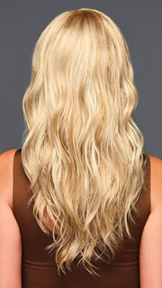 Model is wearing Sweetly Subtle by Gabor in color GL14-22SS SS SANDY BLONDE | Dark golden blonde base blends into multi-dimensional tones of medium gold blonde and light beige blonde