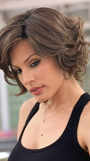 Roxie wearing GIMME DRAMA by GABOR in GF8-12SS ICED MOCHA | Medium Brown shaded with Dark Blonde