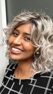 Sophia wearing GIRL MONO by ELLEN WILLE in STONE-GREY-ROOTED 56.60.58 | Dark/Lightest Brown and Lightest Blonde blended with Pearl White and a Grey Blend with Shaded Roots