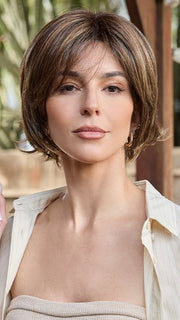 GLENN by Amore in CHOCOLATE-TWIST-R | Dark Brown Root color blended with Cappucino as the base, Coppery Blond Highlights and tipped ends.