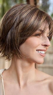 CHOCOLATE-TWIST-R | Dark Brown Root color blended with Cappucino as the base, Coppery Blond Highlights and tipped ends.
