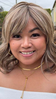 Arlah and Katrina @wearethehairsiss wearing GRANADA by BELLETRESS in color MACADAMIA LATTE R | A combination of Medium and Light Brown, highlighted with Light Gold Blonde, and a mixture of Ash Blonde and Light Gold Blonde, Rooted with Medium and Light Brown