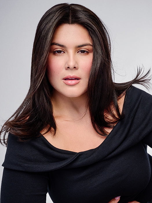 Model is wearing HD 14IN AU NATUREL TOPPER in color R2/4 | Darkest Brown and Dark Brown Blend