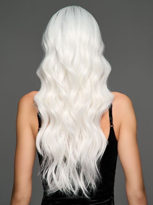 Model is wearing ETHEREAL ICE | Natural dark roots melt into an icy white shade for a beautiful contrast. 