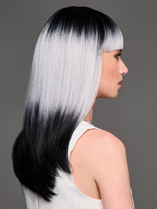 Model is wearing MIDNIGHT MOONLIGHT | Deep roots fade into a luminous silver-grey with inky dip-dyed ends.