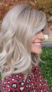 Natalie Gray @vanish.into.thin.hair wearing HEPBURN by BELLE TRESS in color MILKSHAKE BLONDE-R | A mixture of Light Sandy Brown, Highlighted with Light Ash Blonde with a Hint of Light Platinum Blonde with a Medium Root Color