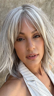 Roxie wearing the HOLLIE by JON RENAU in 56F51 OYSTER | Light Grey with 20% Medium Brown Front, graduating to Grey with 30% Medium Brown Nape