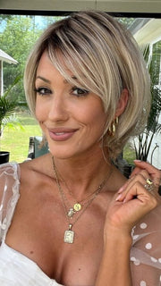 Jenna Fail @jenna_fail wearing ON IN 10 by RAQUEL WELCH WIGS in color SS19/23 SHADED BISCUIT | Light Ash Blonde Evenly Blended with Cool Platinum Blonde with Dark Roots