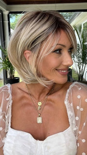 Jenna Fail @jenna_fail wearing ON IN 10 by RAQUEL WELCH WIGS in color SS19/23 SHADED BISCUIT | Light Ash Blonde Evenly Blended with Cool Platinum Blonde with Dark Roots