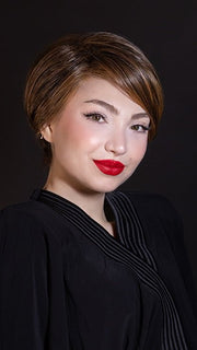 Maha wearing IGNITE by JON RENAU PETITE in 6F27 CARAMEL RIBBON | Brown with Light Red-Gold Blonde Highlights & Tips